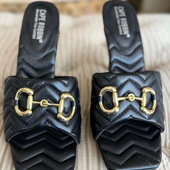 Black Quilted Slide Sandals with Gold Chain mules - Picture 6 of 9